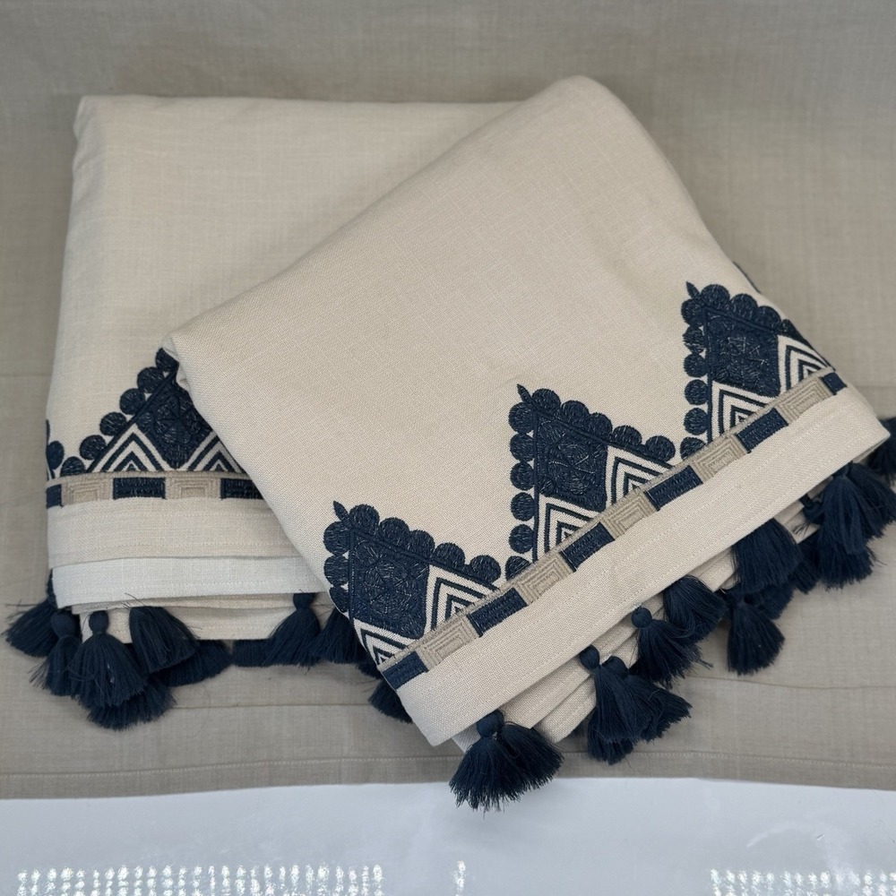 West Elm Linen Curtain Panels with Navy Embroidered Edge and Tassels (Set of 2)‎